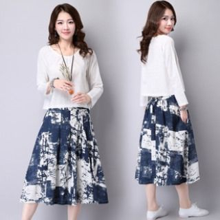 Splashmix Set: Long-Sleeve T-Shirt + Printed Midi Skirt