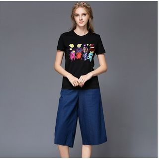 Ovette Set: Short Sleeved Sequined T-shirt + Cropped Wide-leg Pants