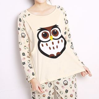 JUSTMAMA Maternity Pajama Set: Owl Print Long-Sleeve Top + Pants