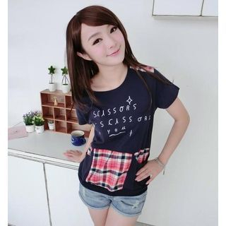 59 Seconds Short-Sleeve Embroidered Plaid Panel Top