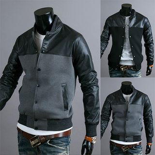 Bay Go Mall Faux Leather Panel Snap Button Jacket