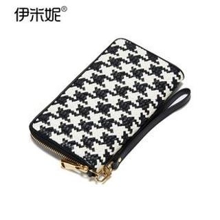 Emini House Genuine Leather Houndstooth Woven Long Wallet