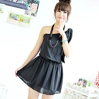 One-Shoulder Chiffon Dress Black - One Size