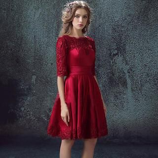 Angel Bridal Elbow-Sleeve Paneled Cocktail Dress