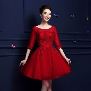 Shannair 3/4-Sleeve Lace Trim Cocktail Dress