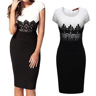 Rebecca Short-Sleeve Lace Panel Sheath Dress