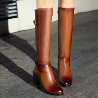 JY Shoes Genuine Leather Buckled Heeled Long Boots