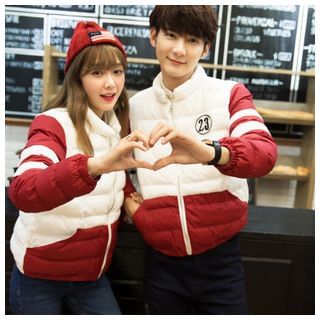 Azure Color-Block Print Matching Couple Padded Jacket