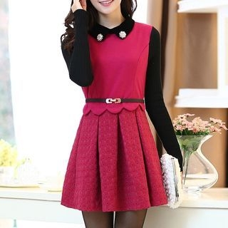 Ekim Dotted Panel Collared Pleated Dress with Brooch