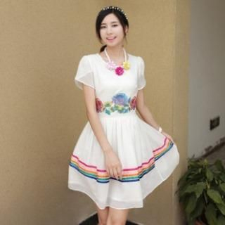 Halona Petal-Sleeve Embroidered A-Line Dress