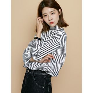 FROMBEGINNING Mock-Neck Striped Loose-Fit T-Shirt
