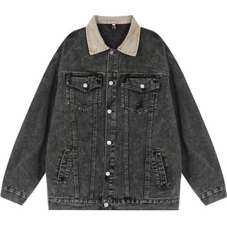 Lapel Collar Washed Denim Button Jacket