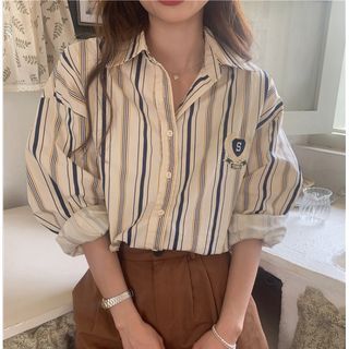 Long-Sleeve Collared Striped Embroidered Oversized Shirt Almond - One Size