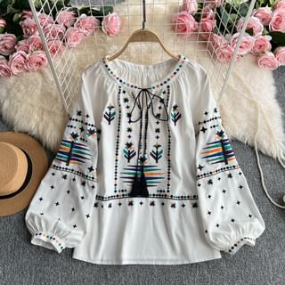 Long-Sleeve Round Neck Embroidered Tassel Tie Front Blouse