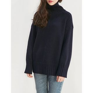 FROMBEGINNING Turtle-Neck Wool Blend Pointelle-Knit Top
