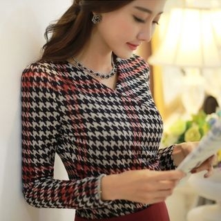 Styleonme Wrap-Front Houndstooth Slim-Fit Top