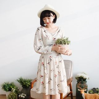 Forest Girl Long-Sleeve Bird Print Dress