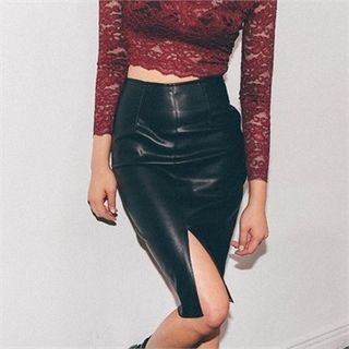 LIPHOP Faux-Leather Slit-Front Pencil Skirt