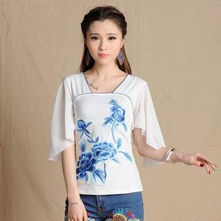 Diosa Elbow-Sleeve Flower Embroidered Top