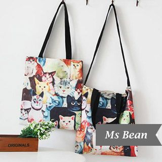 Ms Bean Cat Print Canvas Shopping Bag