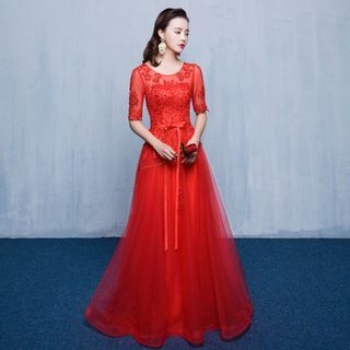 Luxury Style Embellished Elbow-Sleeve A-Line Evening Gown