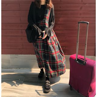 Plain Long-Sleeve T-Shirt/ Plaid Maxi Jumper Dress - Asian Fashion