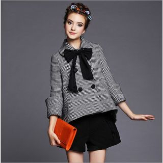Ovette Bow Accent Check Double Breasted Coat