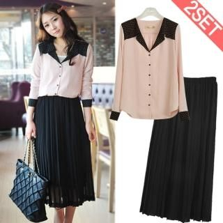 Set: Blouse + Chiffon Pleated Long Skirt