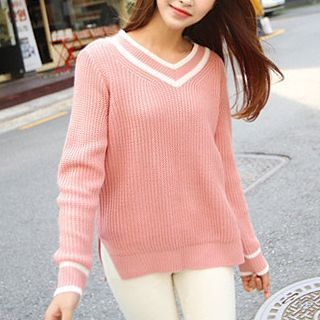 Bongjashop Stripe-Trim V-Neck Sweater