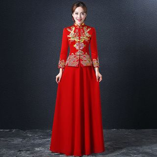 Royal Style Embroidered Long-Sleeve Wedding Cheongsam