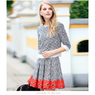 Sentubila Set: Elbow-Sleeve Dotted Top + Dotted Pleated Skirt