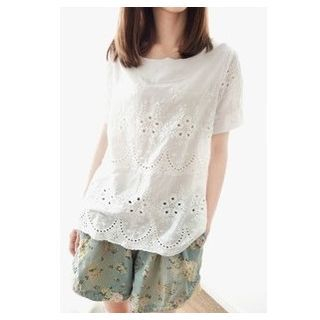 Mellow Fellow Hollow Flower Embroidered Short-sleeve Top White - One Size