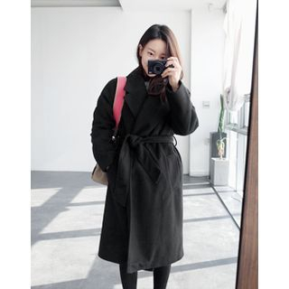 UPTOWNHOLIC Open-Front Wool Blend Coat With Sash