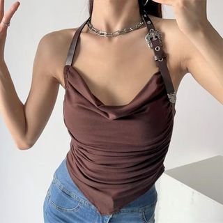 Plain Asymmetrical Ruched Halter Top