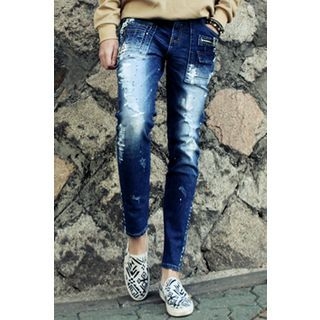 Ohkkage Distressed Paint-Stained Jeans