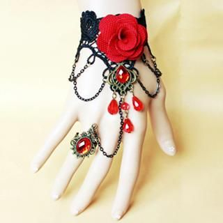 Fit-to-Kill Red Rose Gothic Bracelet & Ring Set Red - One Size