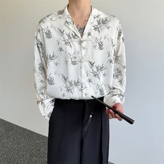 Long-Sleeve Lapel Collar Bamboo Print Frog Button Shirt