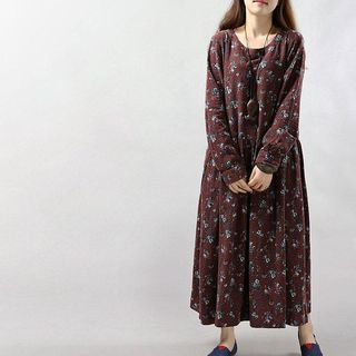 Fashion Street Floral Print Long-Sleeve Maxi Dress