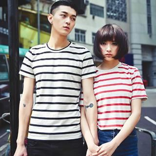 Azure Couple Short Sleeves Striped T-shirt
