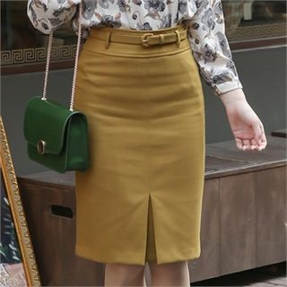 ode' Slit-Front Belted Pencil Skirt