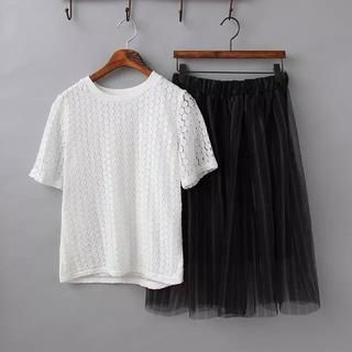 Ainvyi Set: Lace Short-Sleeve Top + Tulle Midi Skirt