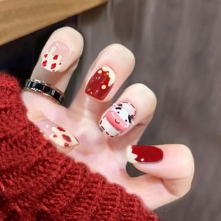 Pristella - Cow Press On Nail X054 - Wine Red - One Size