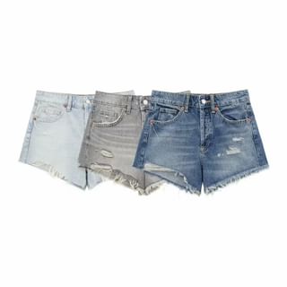 Low Waist Washed Distressed Mini Denim Shorts