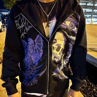 Skull Print Rhinestone Zip Hoodie