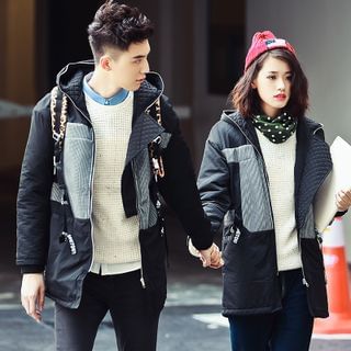 Bay Go Mall Matching Couple Panel Drawstring Waist Hooded Jacket