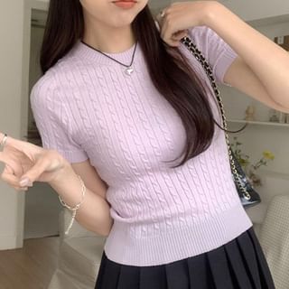 Short-Sleeve Round Neck Plain Cable Knit Top