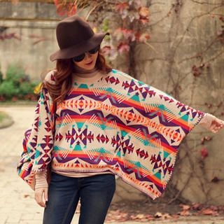 Wool Blend Geometric Pattern Cape