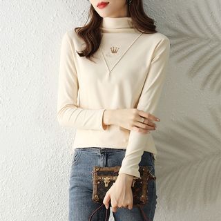 Long-Sleeve Turtleneck Crown Embroidered T-Shirt