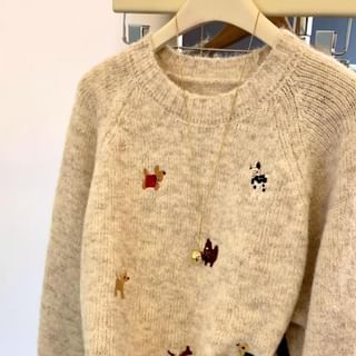 Crew Neck Dog Embroidered Sweater