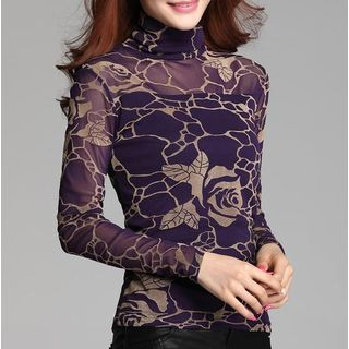 Oaksa Rose Printed Turtleneck Long-Sleeve T-shirt